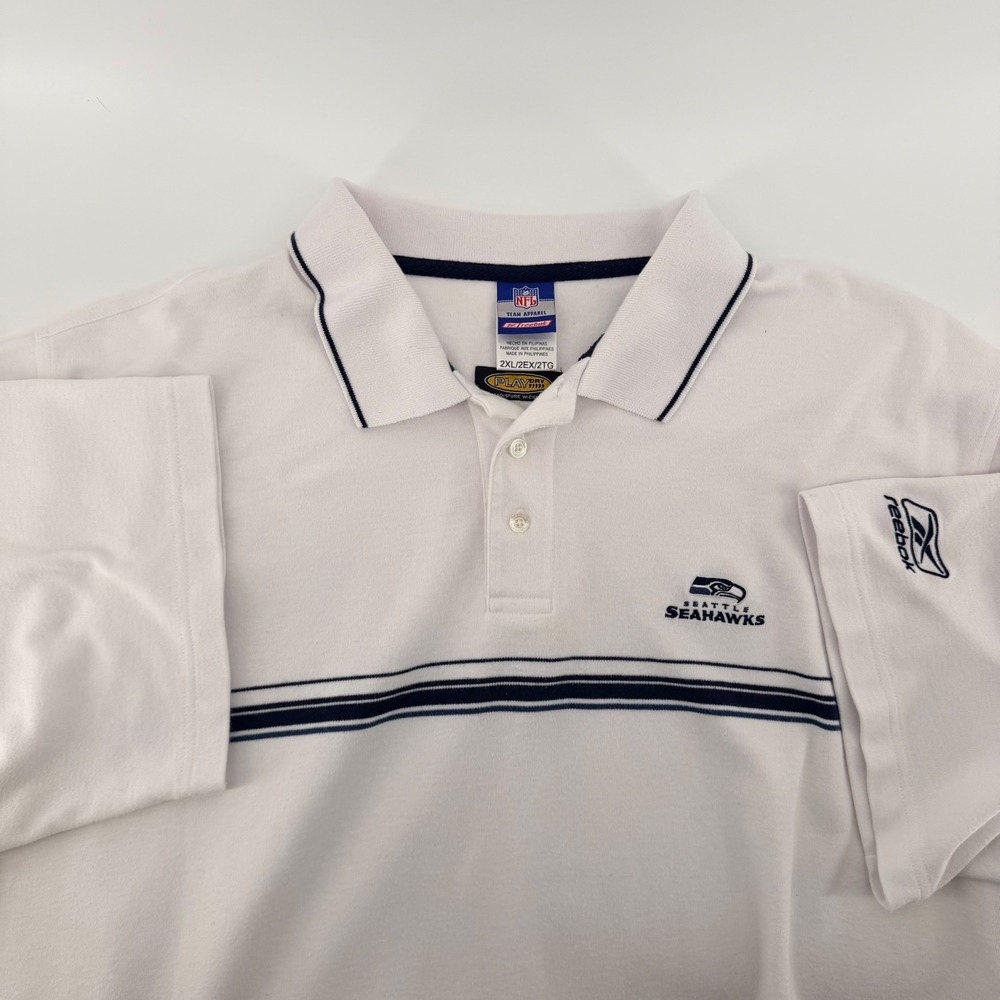 Vintage Reebok Seattle Seahawks NFL Polo Shirt PlayDry Striped White 2XL Mens